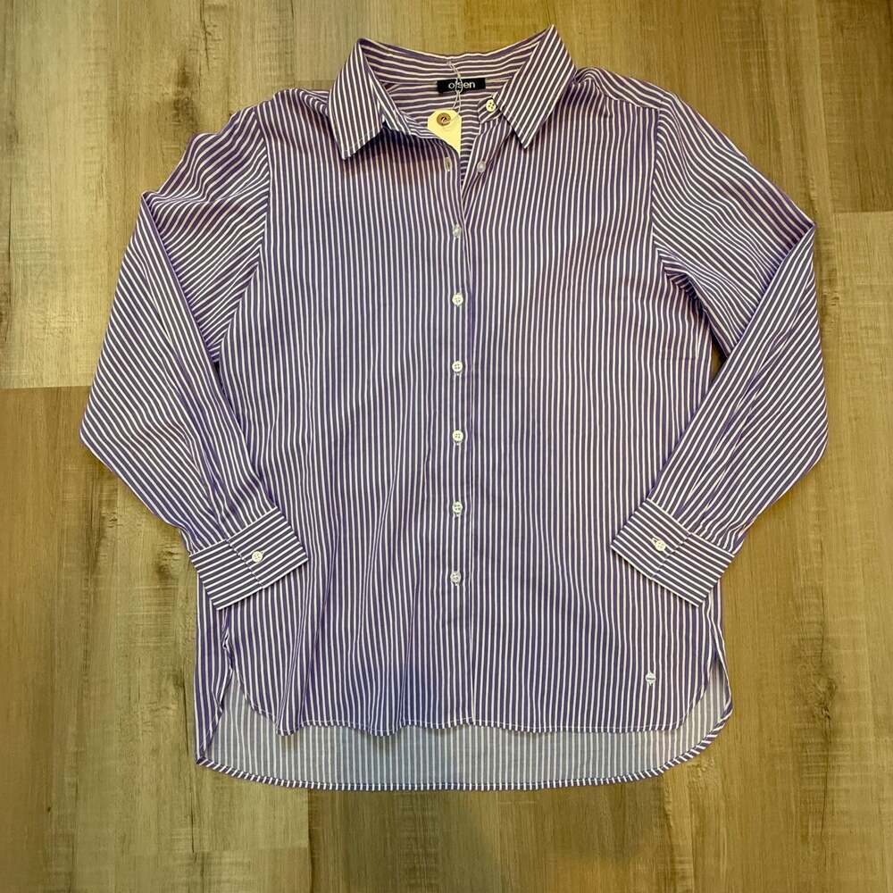 Olsen Women's Purple and White Striped Button-Down Long Sleeve Shirt